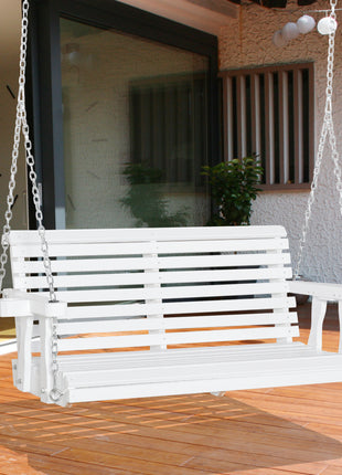 46" 2-Person Porch Swing Wooden Patio Swing Bench with Cup Holders, Slatted Design, Chains, 440lb Weight Capacity, White