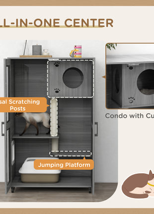 Cat Tree House with Scratching Post and Wheels, Gray