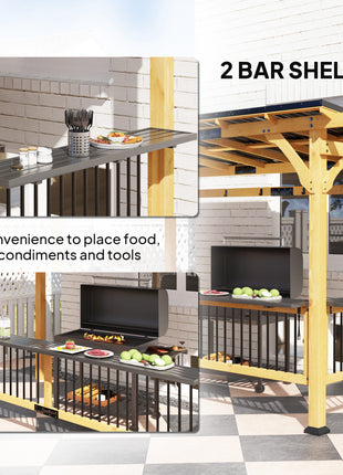 13' x 6' Wooden BBQ Grill Gazebo, Outdoor Hardtop Grill Gazebo with Metal Roof, 2 Bar Shelves and 6 Hooks, Natural