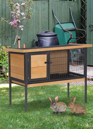 Rabbit Hutch Elevated Bunny Cage Small Animal Habitat with Metal Frame, No Leak Tray, Metal Wire Pan, Openable Water-Resistant Asphalt Roof for Rabbits, Chickens, Ducks, Indoor/Outdoor Natural