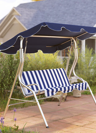 3-Person Porch Swing with Canopy, Patio Swing Chair, Outdoor Canopy Swing Bench with Adjustable Shade, Cushion and Steel Frame, Dark Blue & White Striped