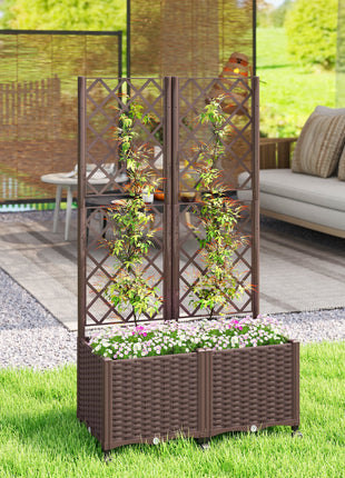 Planter Box with Trellis, Self Watering Raised Garden Bed with Lockable Wheels and Drainage Holes, Brown