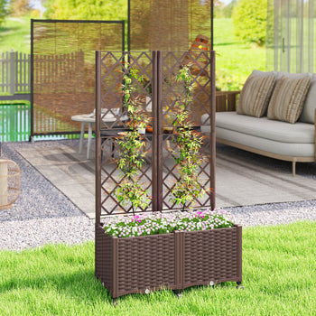 Planter Box with Trellis, Self Watering Raised Garden Bed with Lockable Wheels and Drainage Holes, Brown