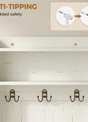 Narrow Hall Tree with Shoe Storage Bench, Rustic Entryway Bench with Coat Rack, Accent Coat Tree with Storage Shelves for Hallway, Mudroom, White Wood Grain
