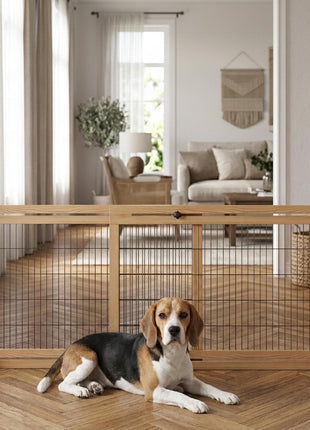 71" W x 27" H Extra Wide Freestanding Pet Gate with Adjustable Length Dog, Cat, Barrier for House, Doorway, Hallway, Natural
