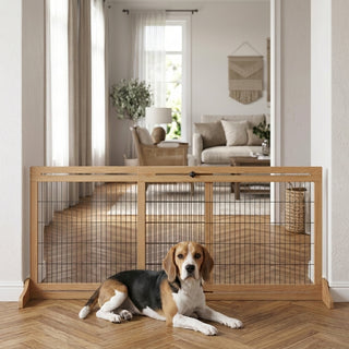 71" W x 27" H Extra Wide Freestanding Pet Gate with Adjustable Length Dog, Cat, Barrier for House, Doorway, Hallway, Natural