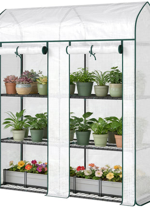 3 Tier Mini Greenhouse, Small Portable Greenhouse with 2 Roll-up Doors, 56.3" x 18.1" x 65", White