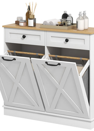 Tilt Out Laundry Hamper Cabinet, Bathroom Storage Cabinet with 2 Removable Baskets and 2 Drawers, White