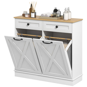 Tilt Out Laundry Hamper Cabinet, Bathroom Storage Cabinet with 2 Removable Baskets and 2 Drawers, White