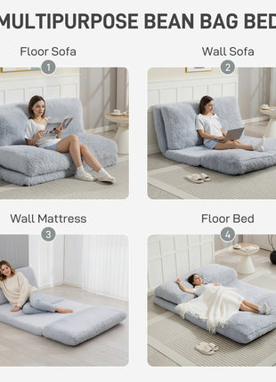 Bean Bag Floor Sofa Bed, Contemporary Plush Wide Folding Floor Mattress, Foam Filling Wall Couch Sleeper, Light Gray