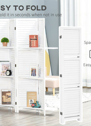 4 Panel 67" Tall Wood Privacy Screen Room Divider with 3 Shelves and Folding Storage for Bedroom, White