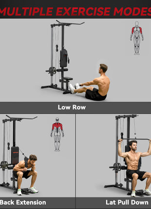 Lat Pull Down Machine, High / Low Pulley Machine with Adjustable Seat and Flip-Up Footplate, Black