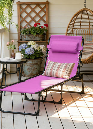 Folding Chaise Lounge Pool Chair with 4-Position Reclining Back, Pillow, Breathable Mesh & Bungee Seat, Purple