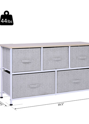 40" L 5 Drawer Horizontal Storage Cube Dresser Unit Bedroom Organizer Living Room Shelf Tower with Fabric Bins, Light Gray