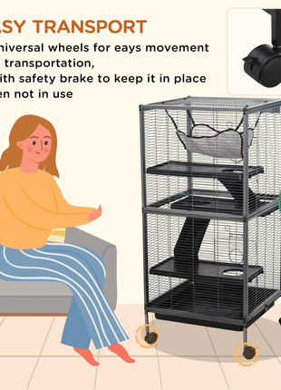 Metal Small Animal Cage Rolling Big Ferret Cage, Chinchilla Cage, Sugar Glider Cage, with Hammock & 4 Tiers, Removable Tray, Gray