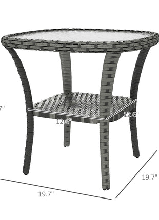 Outdoor Coffee Table with Storage Shelf, Hand-Woven Wicker Side Table with Water-Ripple Glass Top, Mix Gray