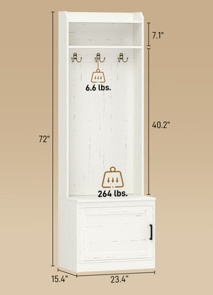 Narrow Hall Tree with Shoe Storage Bench, Rustic Entryway Bench with Coat Rack, Accent Coat Tree with Storage Shelves for Hallway, Mudroom, White Wood Grain