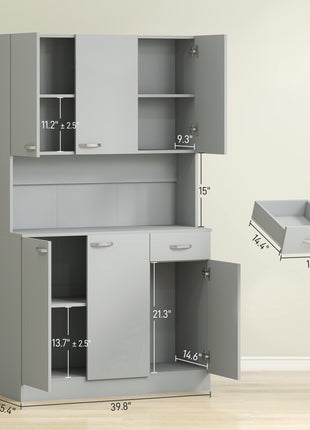71" Kitchen Pantry Cabinet, Tall Storage Cabinet with Microwave Stand, Modern Kitchen Hutch with Countertop, 6 Doors, Storage Drawer, 3 Adjustable Shelves for Living Room, Dining Room, Gray