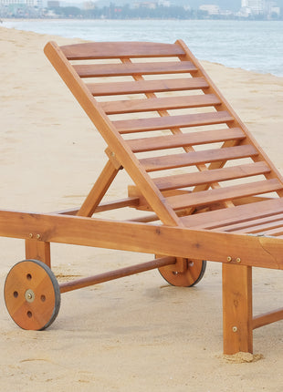 Outdoor Folding Chaise Lounge Chair Recliner with Wheels, Acacia Wood Frame - Teak Color