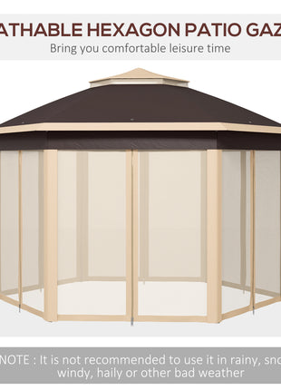 13' x 13' Pop Up Gazebo Hexagonal Canopy Shelter with 6 Zippered Mesh Netting for Patio, Backyard, Garden, Wedding, Party, Beige