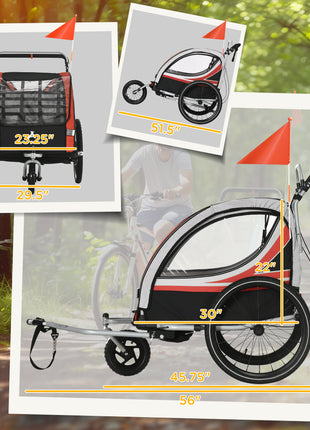 3-in-1 Bike Trailer for Kids, Running Stroller with 2 Seats, Jogging Cart with 5-Point Harness, Storage Units, Red