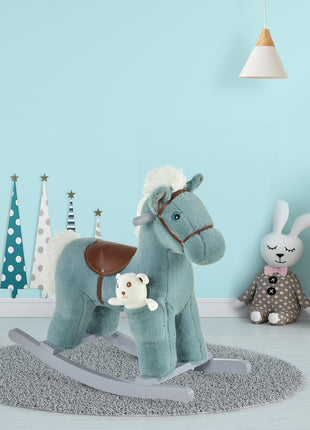 Kids Rocking Horse with Bear Toy, Plush Animal Rocker with Fun Realistic Sounds for Toddler 18-36 Months, Blue