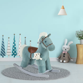 Kids Rocking Horse with Bear Toy, Plush Animal Rocker with Fun Realistic Sounds for Toddler 18-36 Months, Blue
