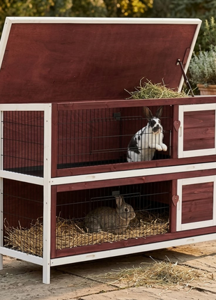 54" 2-Story Weatherproof Stackable Elevated Wooden Rabbit Hutch with Enclosed Run and Pull-Out Trays