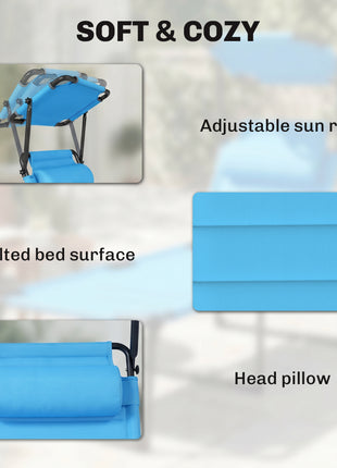 Outdoor Lounge Chair, 4 Position Adjustable Backrest, Folding, Cushioned w/ Sun Shade Roof & Pillow, Blue