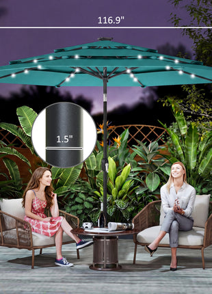 9.7 ft Outdoor Patio Umbrella with Solar LED Lights, 3 Tier Outdoor Table Umbrella with Tilt, Crank, Teal