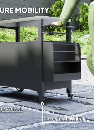 Outdoor Grill Cart Table with Stainless Steel Top, Movable Pizza Oven Table with Foldable Side Table, Wheels