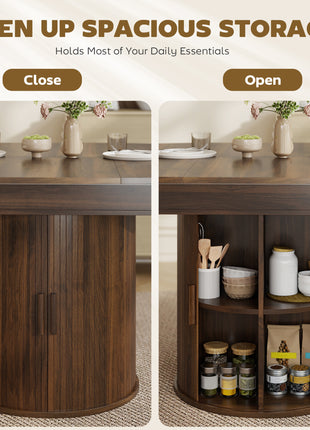 Extendable Dining Table for 6, 60" Farmhouse Kitchen Table with 2-Tier Storage Shelf and Fluted Sliding Doors, Walnut