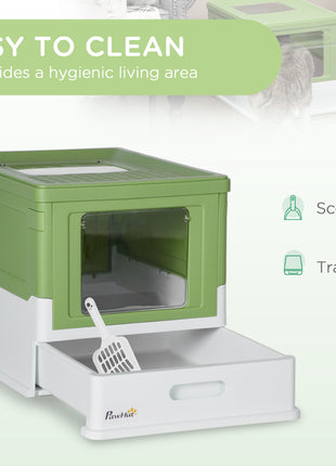 Fully Enclosed Cat Litter Box with Front Entry, Top Exit, Yellowish Green