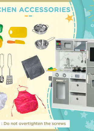 Play Kitchen Set for Kids W/ Lights Sounds, Apron and Chef Hat, White