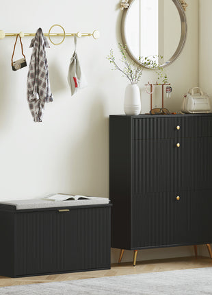 Shoe Storage Bench with Padded Seat Cushion and Flip-Drawer, Entryway Bench, Shoe Cabinet, 31.5x10.2x18.7 Inches, Black
