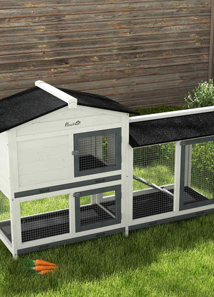 62" Rabbit Hutch, Wooden Bunny Hutch, Guinea Pig Cage, Small Animal Enclosure with Run Area, Removable Tray, Asphalt Roof, Lockable Doors and Ramp, for Rabbits, Chickens, Ducks, White
