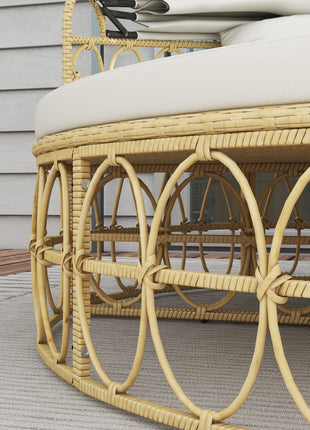 Patio Furniture Set, Round Outdoor Daybed with Retractable Canopy, Hollow Wicker PE Rattan Sectional Sofa with Washable Couch Cushions for Pool, Lawn, Cream White, 70" x 33.5" x 26.25"