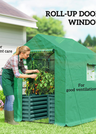 Greenhouse with Raised Garden Bed, Galvanized Steel Outdoor Greenhouse with Roll Up Door, 56" x 56" x 75", Green