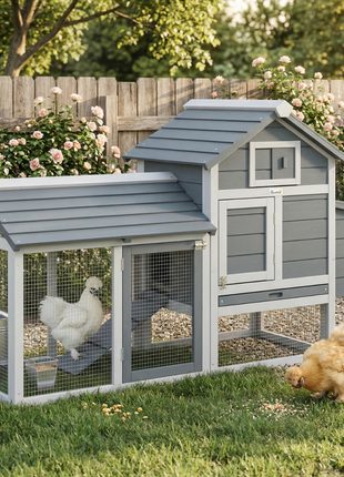 59" Small Wooden Chicken coop Hen House Poultry Cage for Outdoor Backyard with 2 Doors, Nesting Box and Removable Tray, Gray