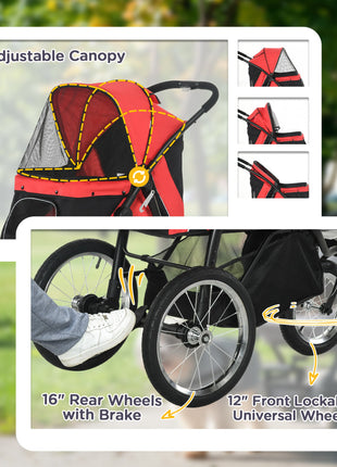 3 Wheels Pet Stroller for Small Dogs and Medium Dogs with Adjustable Canopy, Safety Tether, Storage Basket, Red