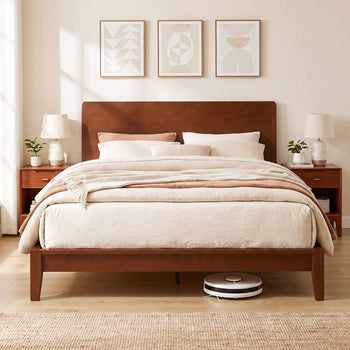 Queen Size Bamboo Platform Bed Frame with Headboard and 12 Poplar Slats, No Box Spring Needed, Easy Assembly, Brown