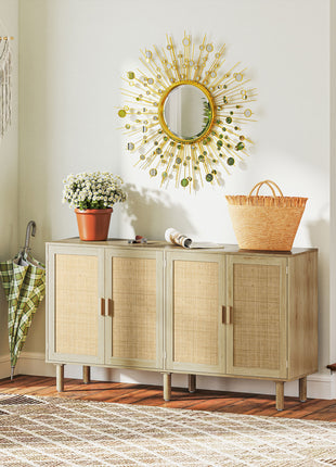 Bohemian Sideboard, 62.2" Buffet Cabinet with 4 Rattan Doors and Shelves for Living Room, Hallway, Natural