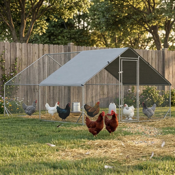 10' x 13' x 6.5' Metal Frame Chicken Run, Outdoor Hen House with Cover & Lockable Door