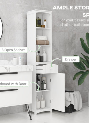 Bathroom Storage Cabinet, Free Standing Bathroom Storage Unit, Tall Linen Tower with 3-Tier Shelves and Drawer, White