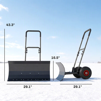 Snow Shovel with Wheels, 29" x 16.5" Metal Snow Pusher with Adjustable Handle, 5-Angle Blade for Driveway, Black