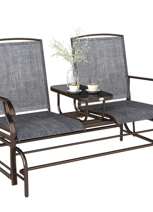 2-Seat Outdoor Glider Swing, Center Coffee Table and Independent Chairs, Supports Up to 352 lbs., Loveseat with Breathable Sling for Backyard, Garden, and Porch, Brown