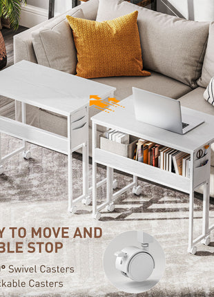 Folding Computer Desk, Foldable Desk with Storage Bag, Shelf and Wheels for Small Spaces, Home Office, White