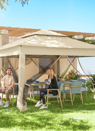 Outdoor Patio Pop Up Canopy Gazebo Shelter with Zipper Netting, Carry Bag, 11' x 11', Beige