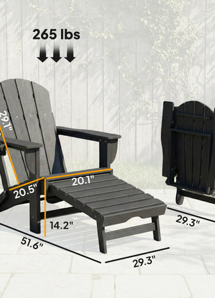 Folding Adirondack Chair Set of 2, HDPE Fire Pit Chair with Retractable Ottoman and Cup Holder, Black