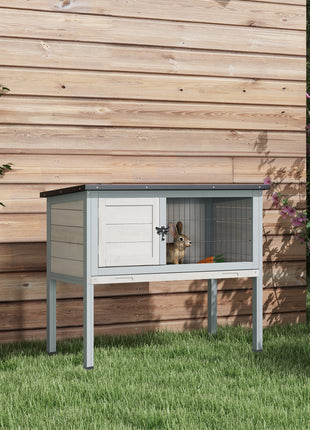 Elevated Rabbit Hutch, Wooden Bunny Cage with Hinged Asphalt Roof and Removable Tray, for Indoor/Outdoor, Gray